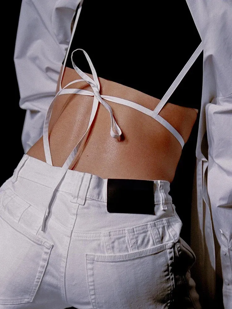 Backless Sexy White Shirt For Women Lapel Long Sleeve Solid Bandage High Street Solid Minimalist Blouses Female Clothes