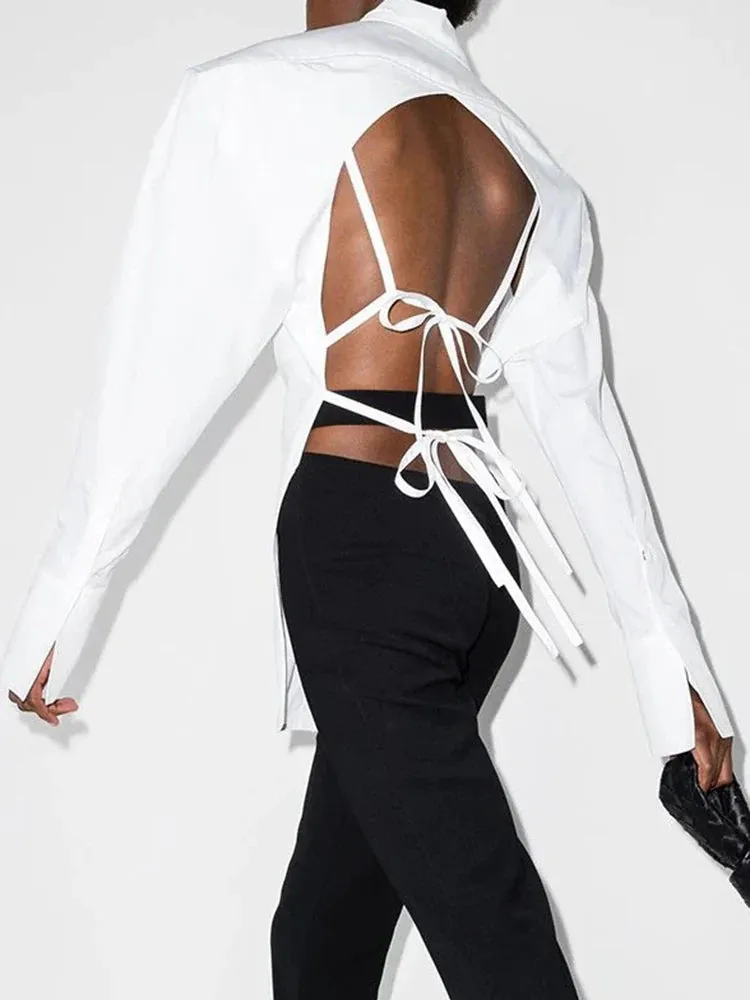 Backless Sexy White Shirt For Women Lapel Long Sleeve Solid Bandage High Street Solid Minimalist Blouses Female Clothes
