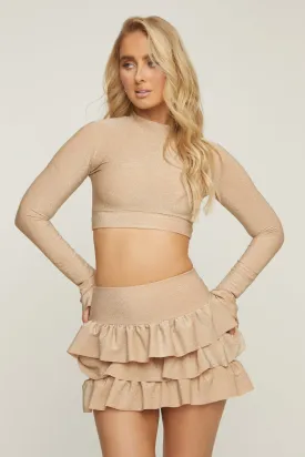 Beige Metallic Lurex High Neck Cropped Top & Mini Skirt Co-ord Set - Felipa