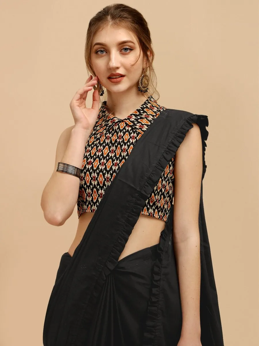 Black & Mustard Solid Ruffled With Blouse Piece