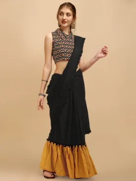 Black & Mustard Solid Ruffled With Blouse Piece