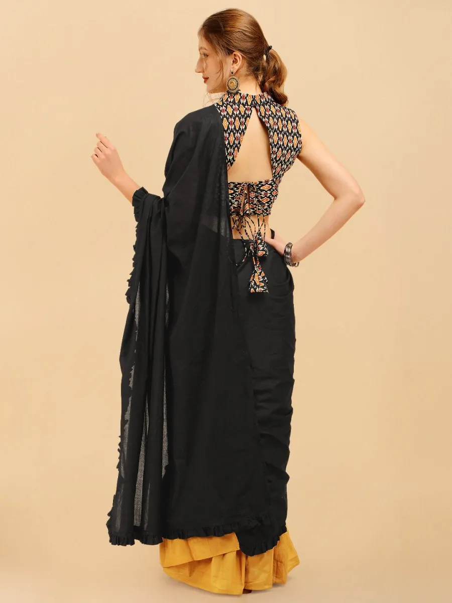 Black & Mustard Solid Ruffled With Blouse Piece