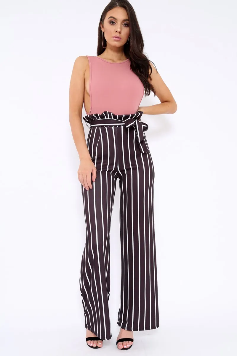 Black and White Stripe Paper Bag Tie Waist Wide Leg Trousers - Kennedy