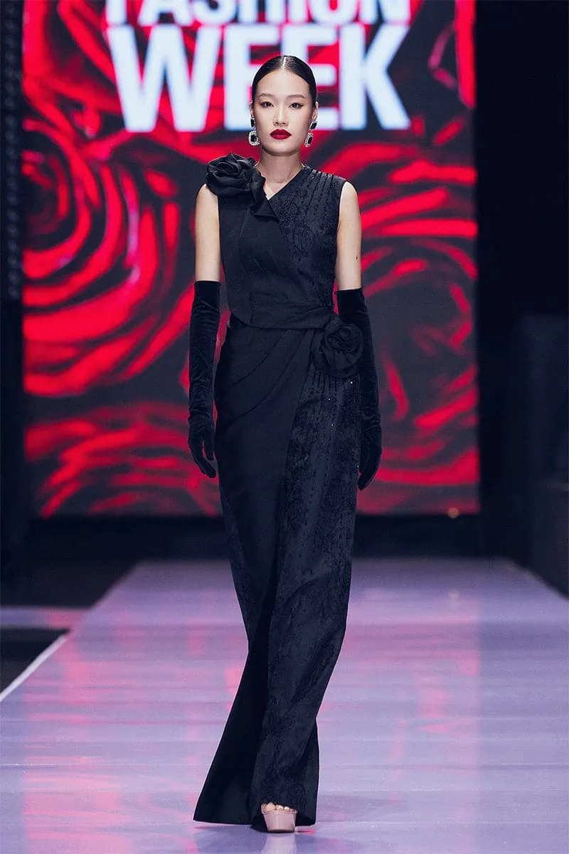 BLACK JACQUARD GOWN WITH DRAPED SATIN ROSES
