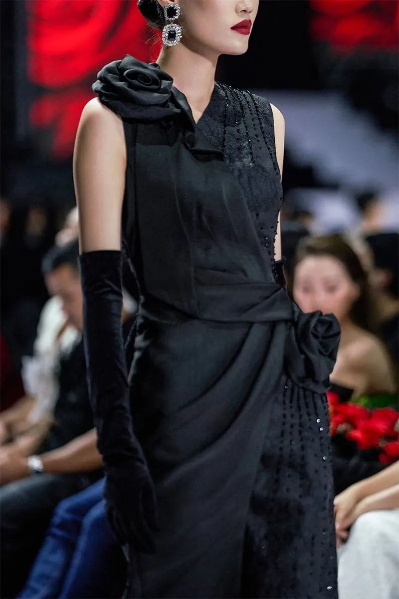 BLACK JACQUARD GOWN WITH DRAPED SATIN ROSES