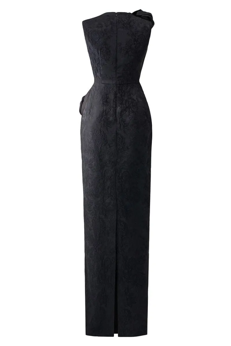 BLACK JACQUARD GOWN WITH DRAPED SATIN ROSES