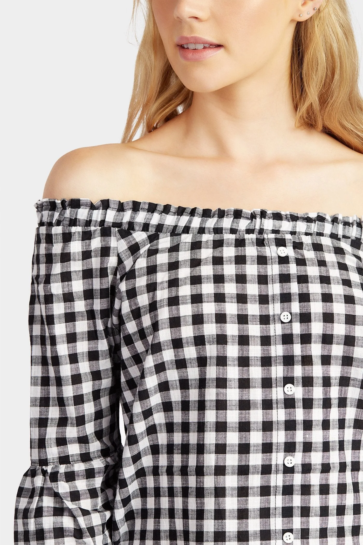 Black/Cream Gingham Button Frill Sleeve Top