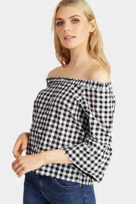 Black/Cream Gingham Button Frill Sleeve Top