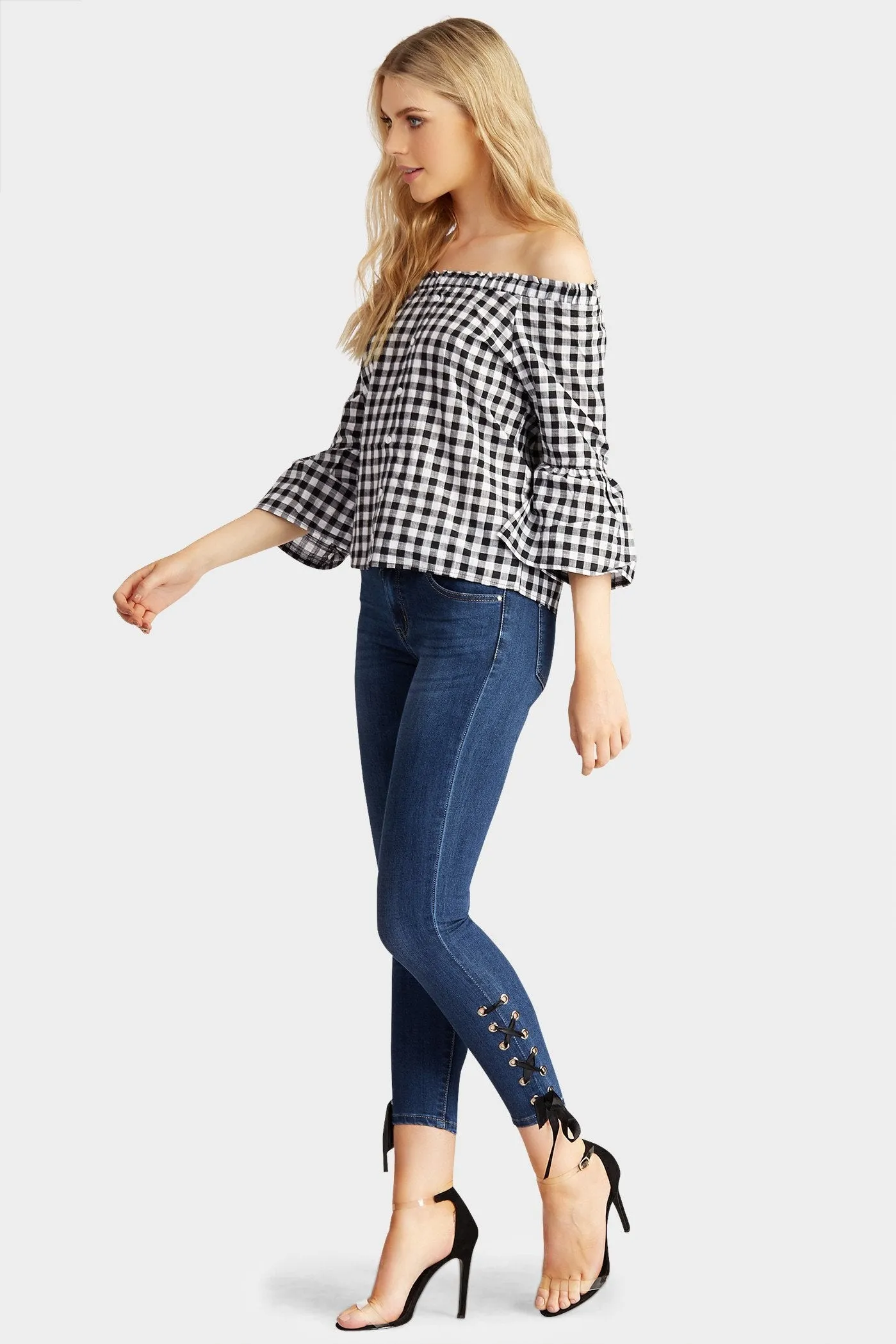 Black/Cream Gingham Button Frill Sleeve Top