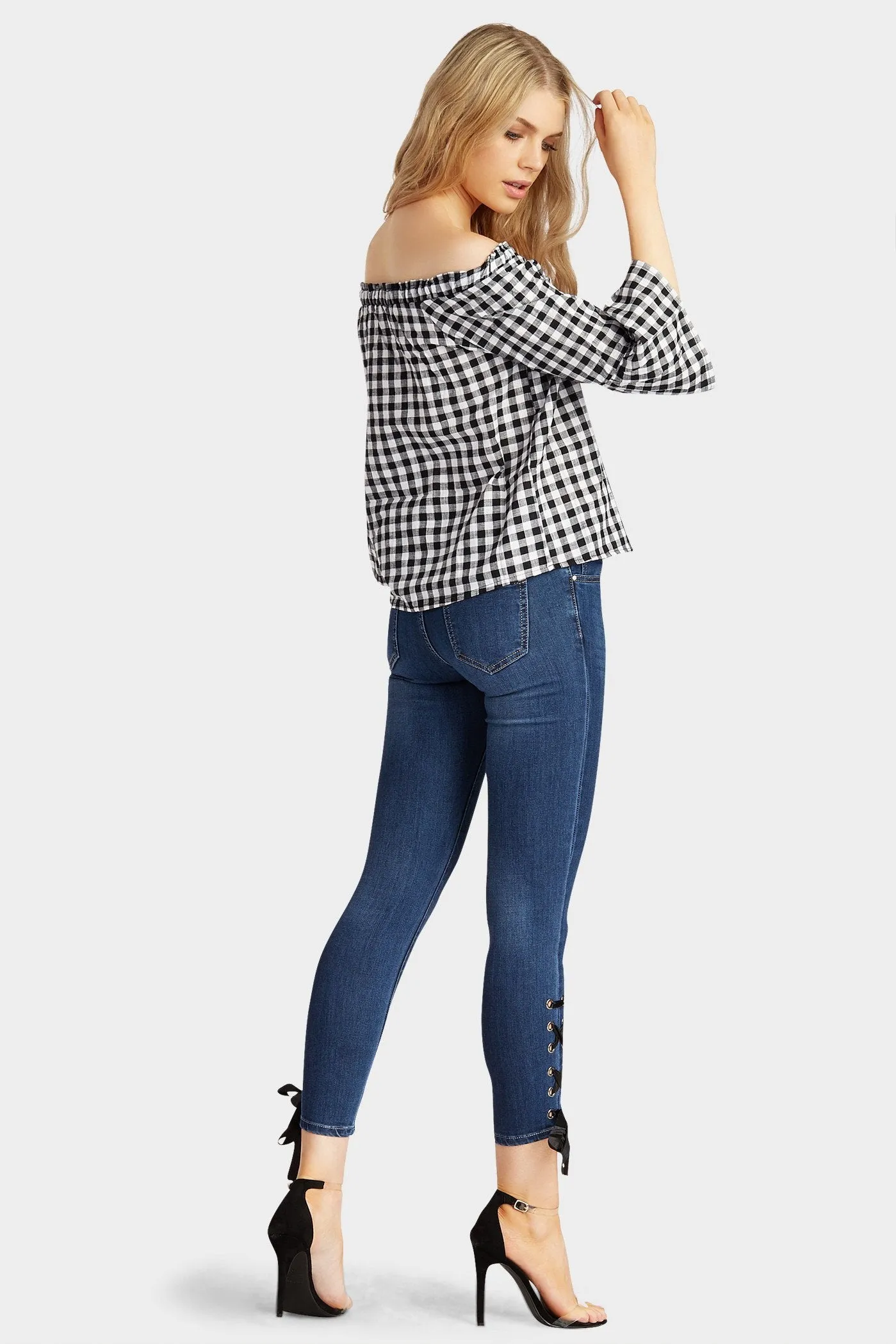 Black/Cream Gingham Button Frill Sleeve Top