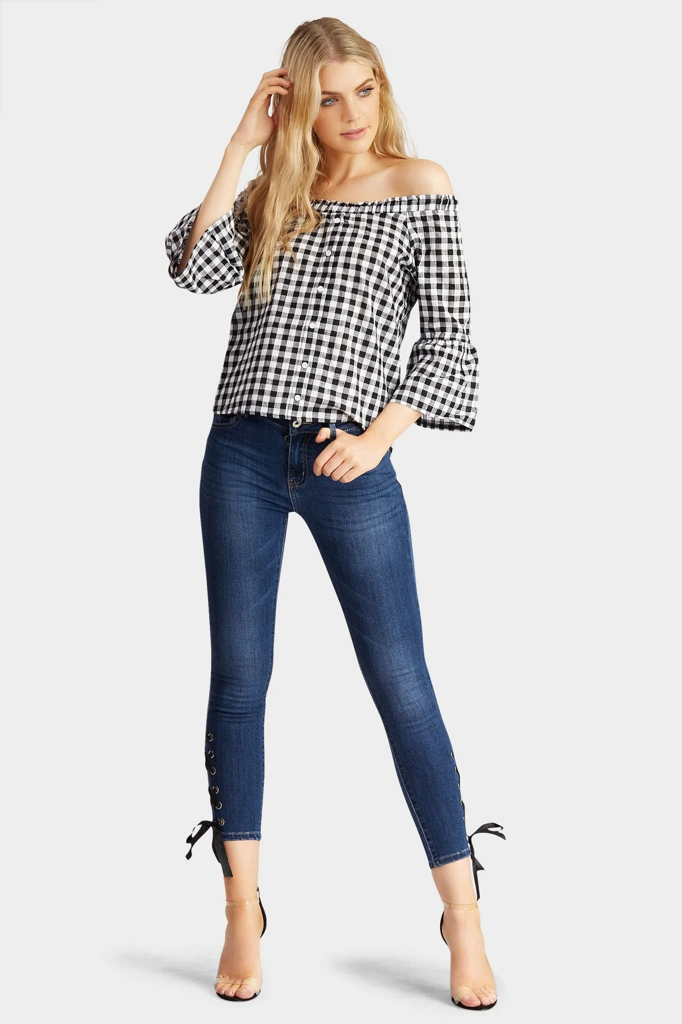 Black/Cream Gingham Button Frill Sleeve Top