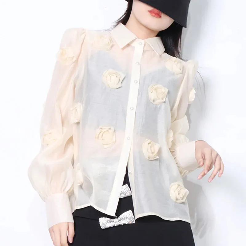 Casual Patchwork Appliques Blouses For Women Lapel Loose Long Sleeve Single Breasted Shirts Female Clothes