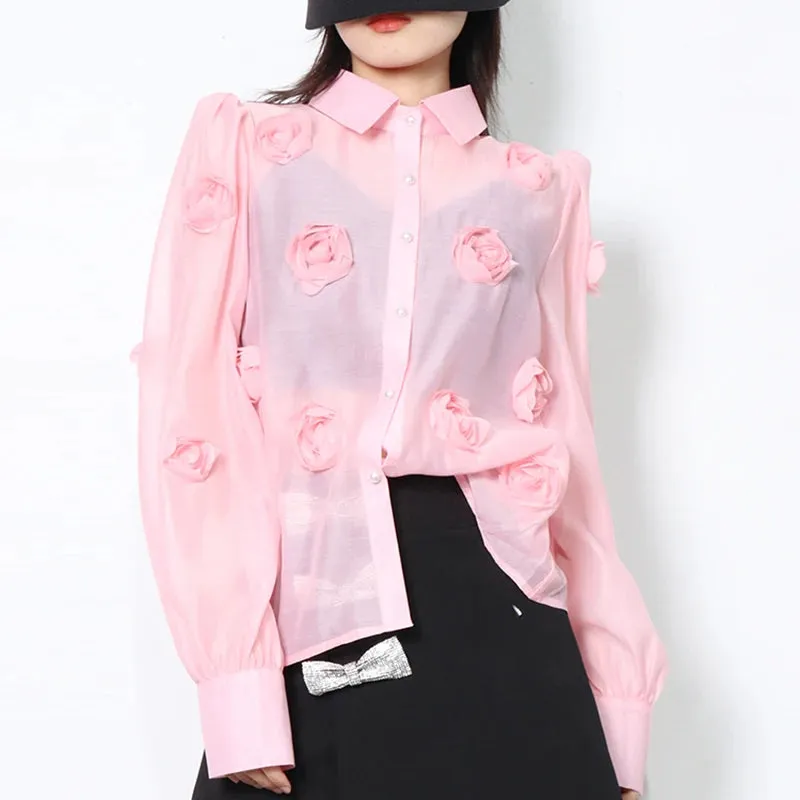 Casual Patchwork Appliques Blouses For Women Lapel Loose Long Sleeve Single Breasted Shirts Female Clothes