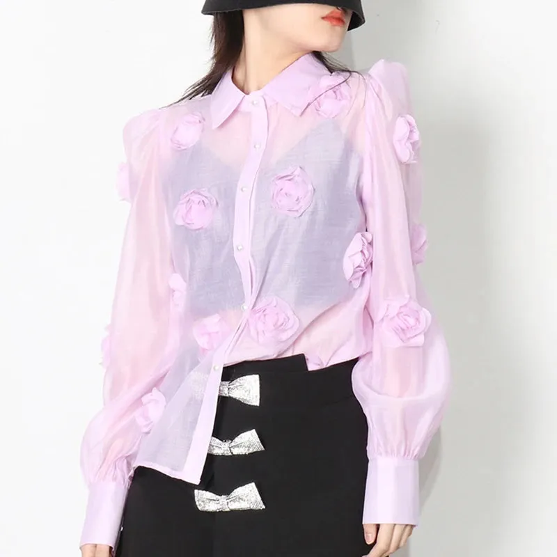 Casual Patchwork Appliques Blouses For Women Lapel Loose Long Sleeve Single Breasted Shirts Female Clothes