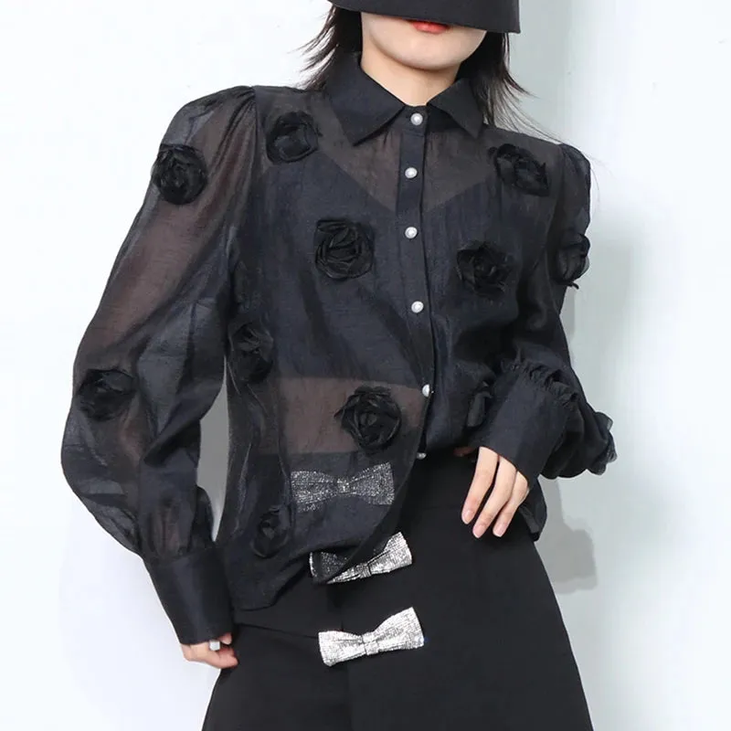 Casual Patchwork Appliques Blouses For Women Lapel Loose Long Sleeve Single Breasted Shirts Female Clothes