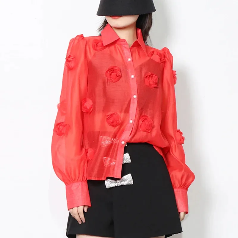 Casual Patchwork Appliques Blouses For Women Lapel Loose Long Sleeve Single Breasted Shirts Female Clothes