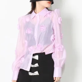 Casual Patchwork Appliques Blouses For Women Lapel Loose Long Sleeve Single Breasted Shirts Female Clothes