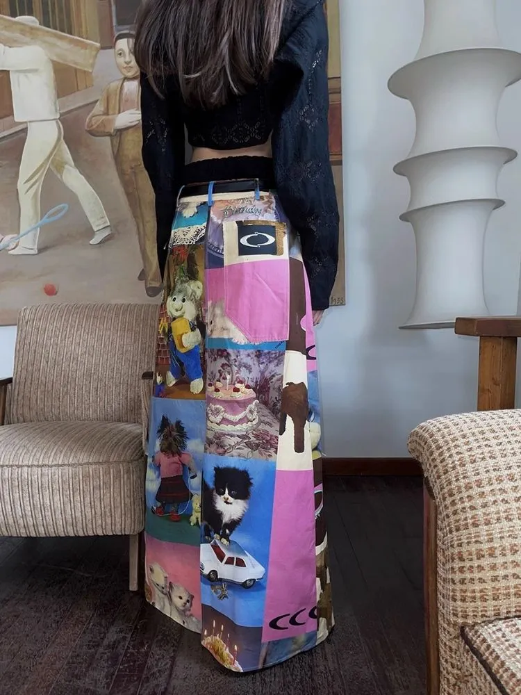 Cat Cake Birthday Print Casual Long Half Skirt【s0000005063】