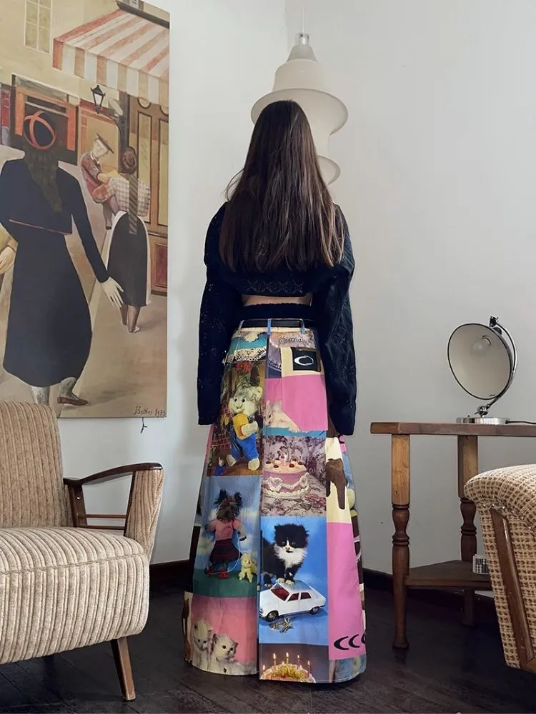 Cat Cake Birthday Print Casual Long Half Skirt【s0000005063】