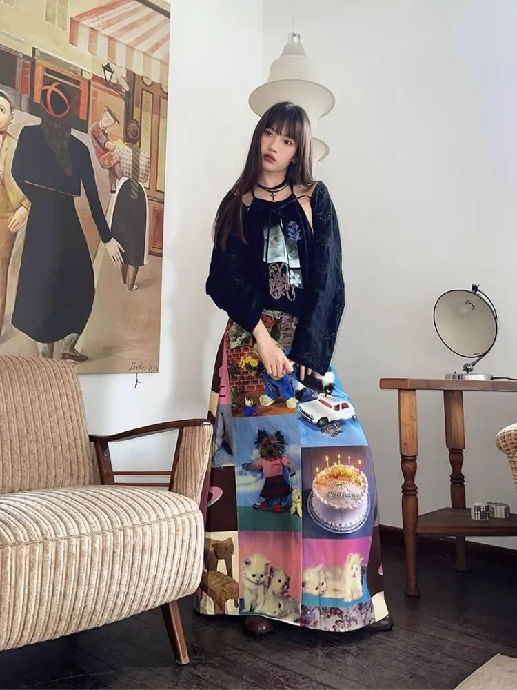 Cat Cake Birthday Print Casual Long Half Skirt【s0000005063】