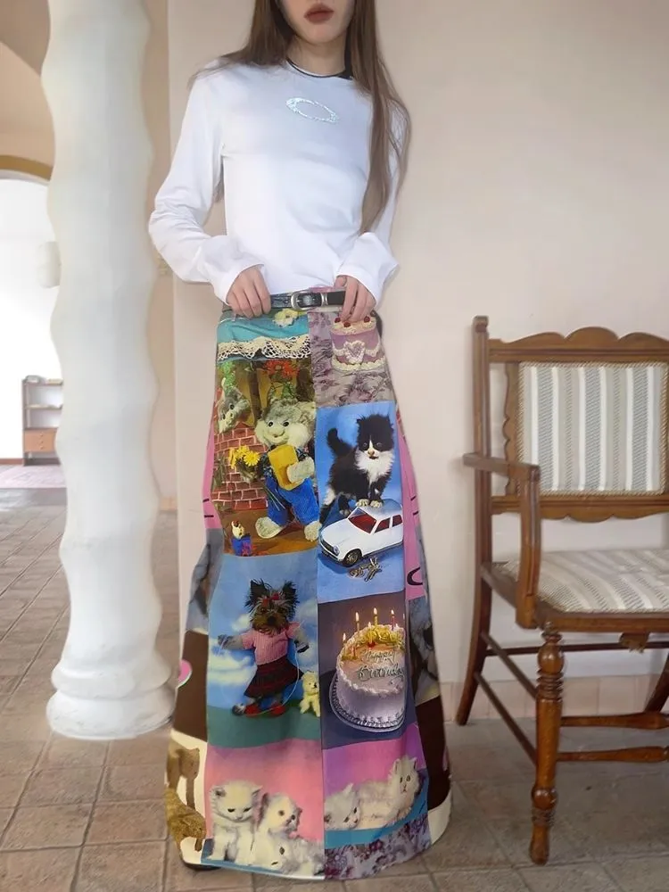 Cat Cake Birthday Print Casual Long Half Skirt【s0000005063】