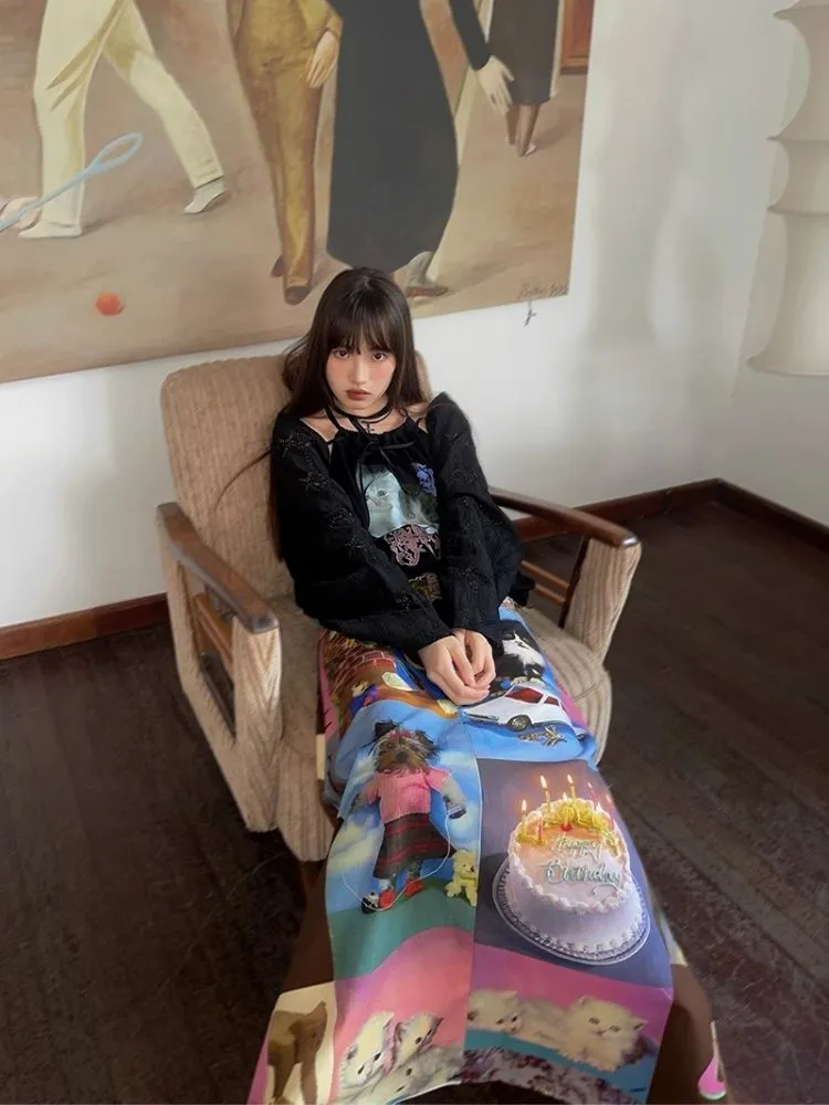 Cat Cake Birthday Print Casual Long Half Skirt【s0000005063】