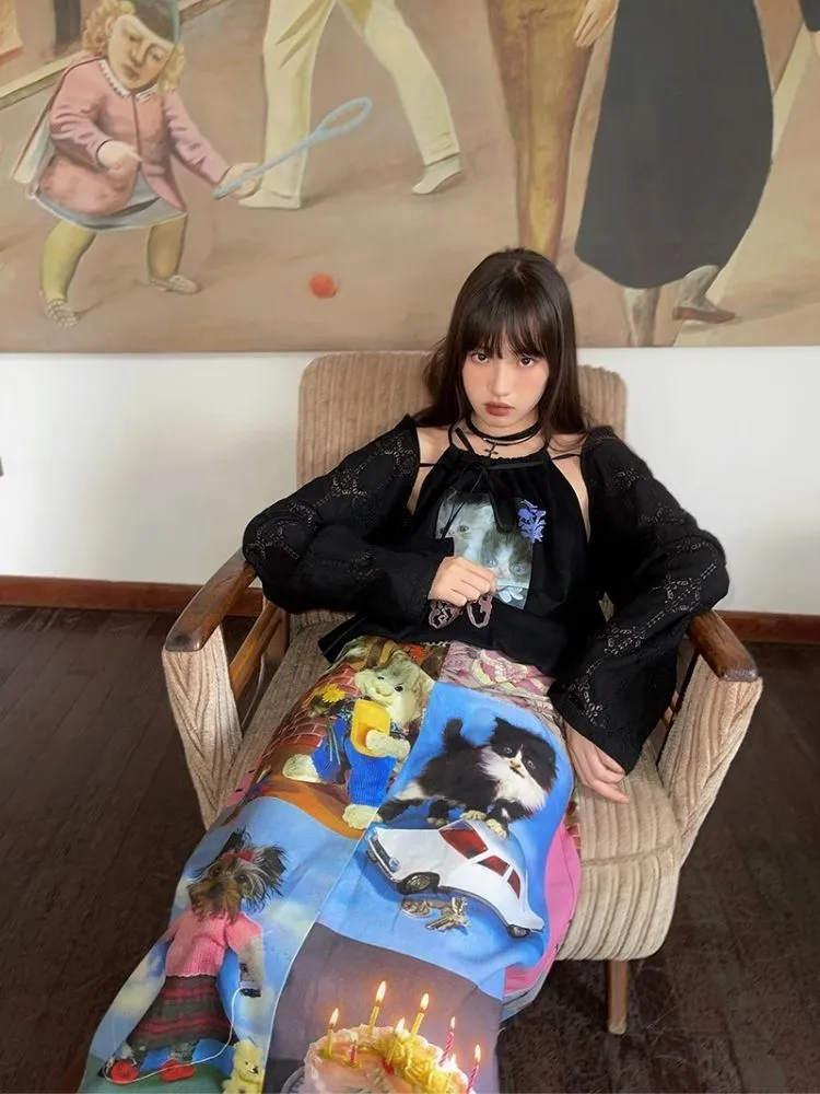 Cat Cake Birthday Print Casual Long Half Skirt【s0000005063】