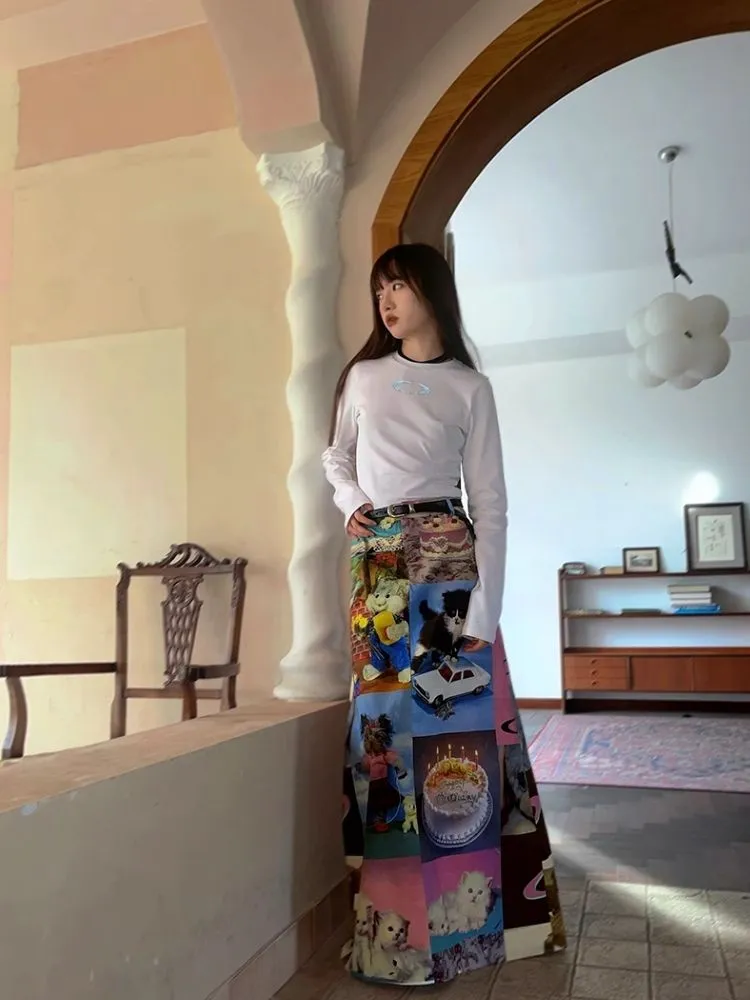 Cat Cake Birthday Print Casual Long Half Skirt【s0000005063】