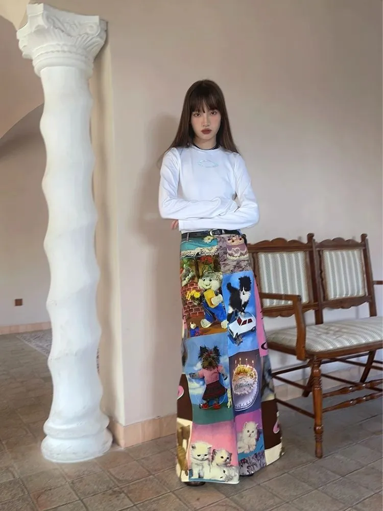 Cat Cake Birthday Print Casual Long Half Skirt【s0000005063】