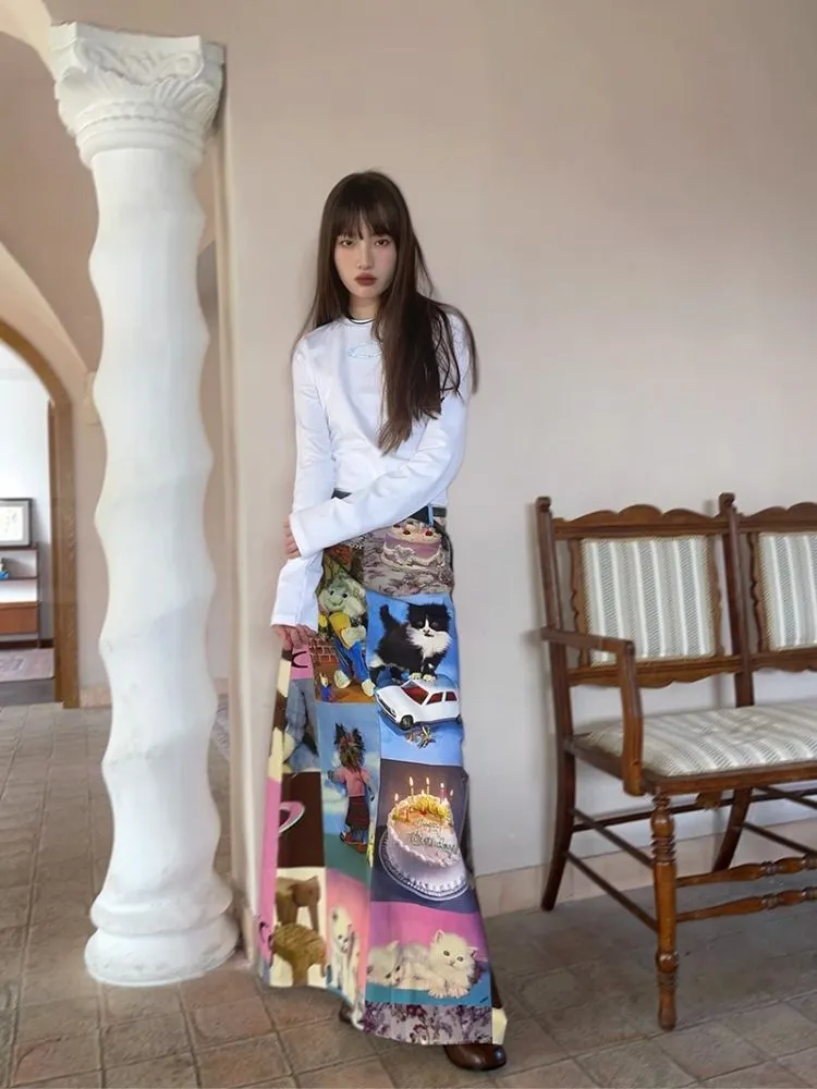 Cat Cake Birthday Print Casual Long Half Skirt【s0000005063】
