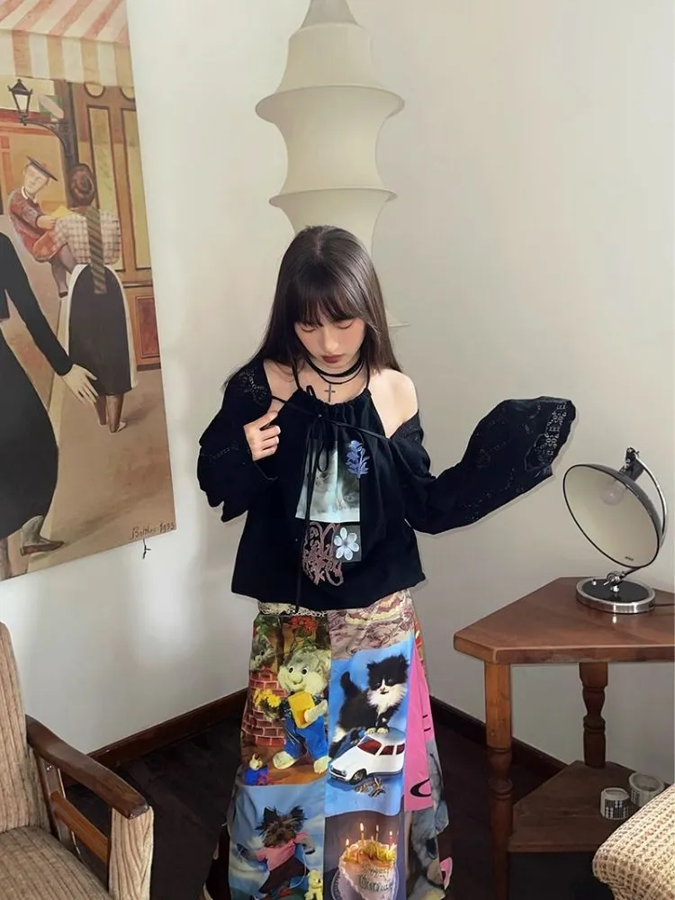 Cat Cake Birthday Print Casual Long Half Skirt【s0000005063】