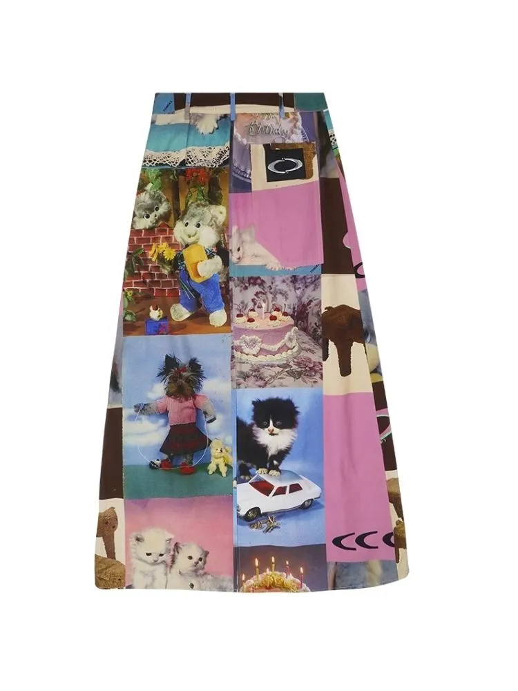 Cat Cake Birthday Print Casual Long Half Skirt【s0000005063】