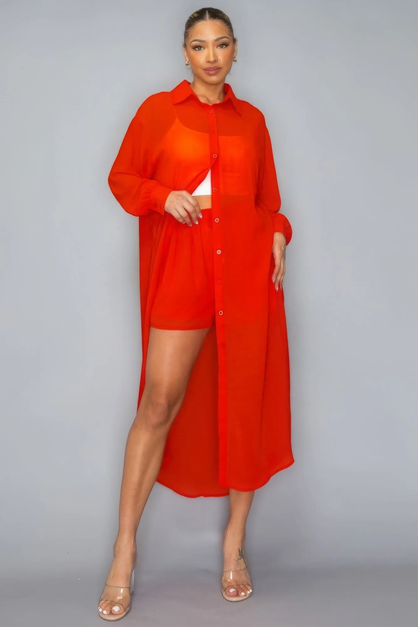 Chiffon Button Down Long Sleeve Side Slit Long Top Short Set
