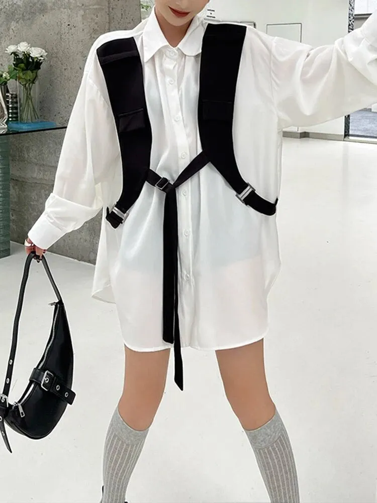 Colorblock Casual Loose Shirts For Women Lapel Long Sleeve Spliced Single Breasted Designer Blouses Female Fashion