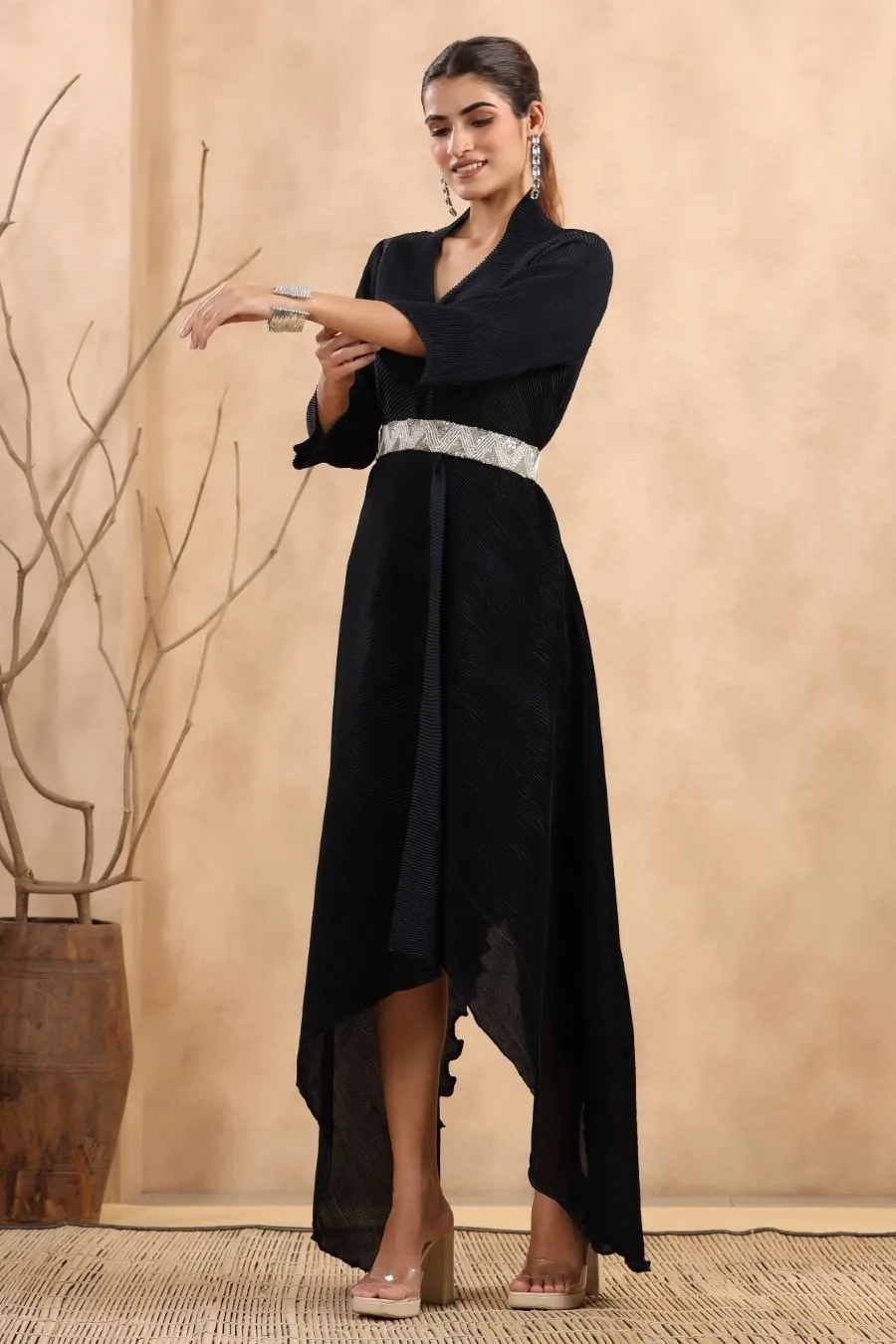 Deep Blue Pleated Asymmetrical Dress