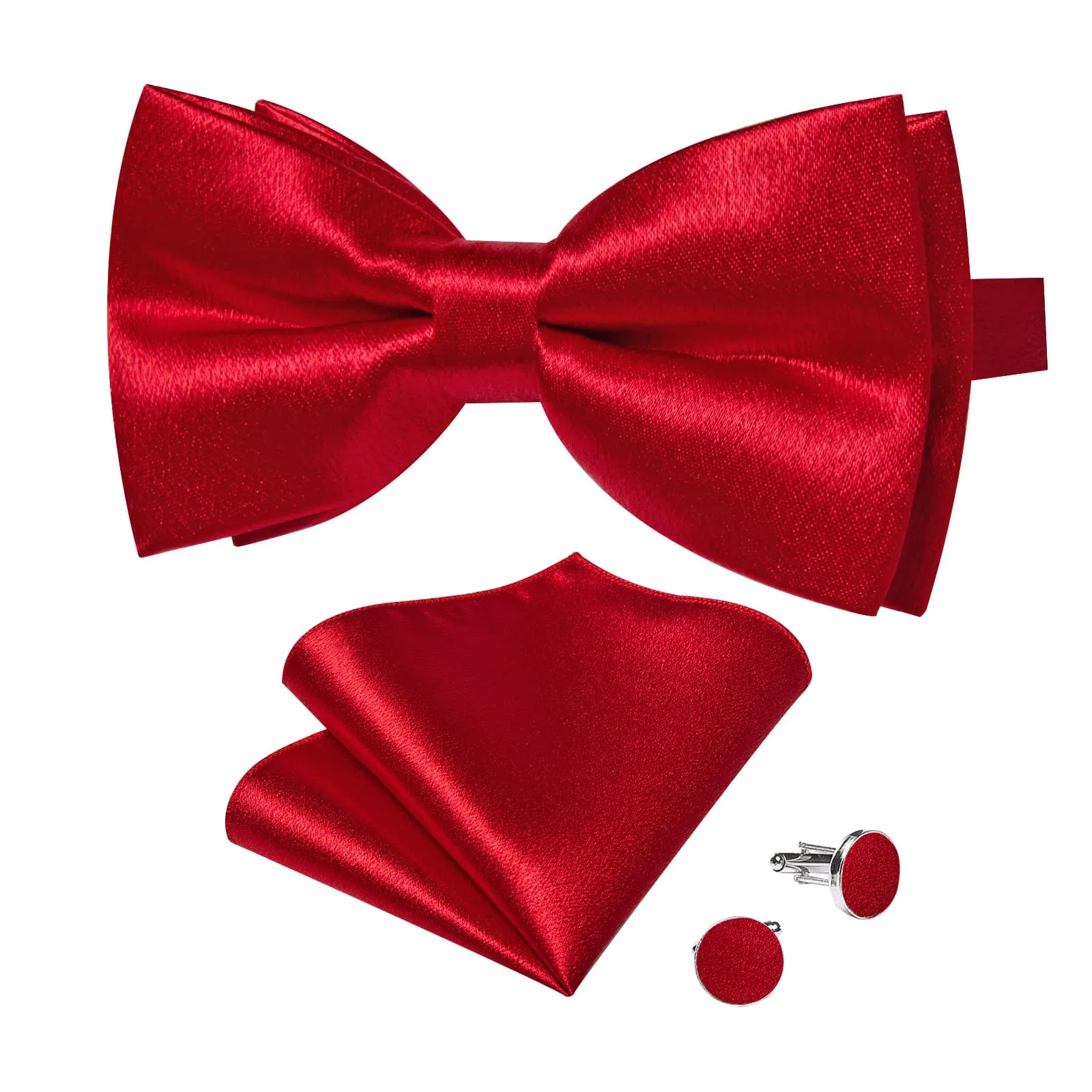 DiBanGu Red Bow Tie Pure Shining Solid Silk Mens Pre-Tied Bowtie Pocket Square Cufflinks Set