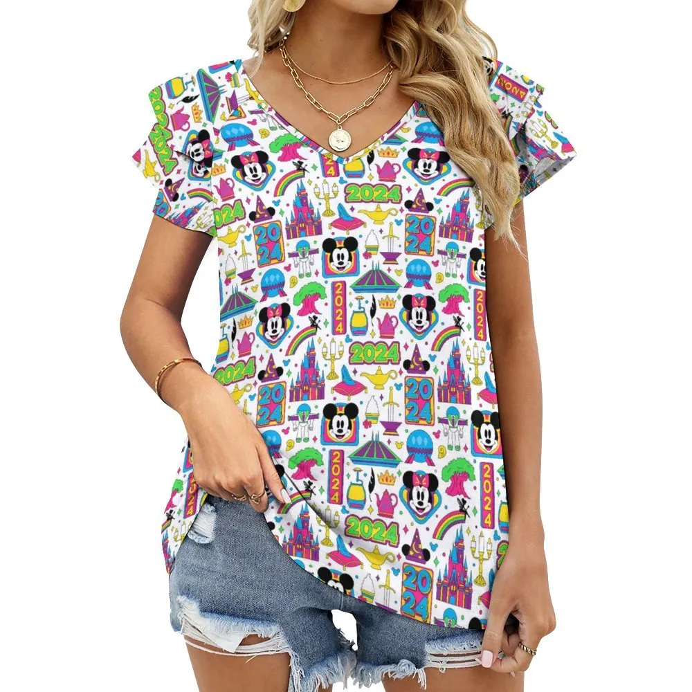 Disney 2024 Women's Ruffle Sleeve V-Neck T-Shirt