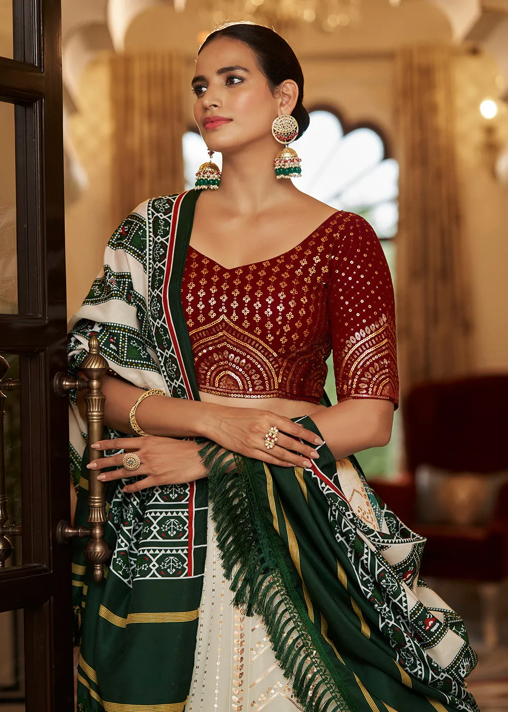 Enchanting Sequins White & Maroon Wedding Lehenga Choli