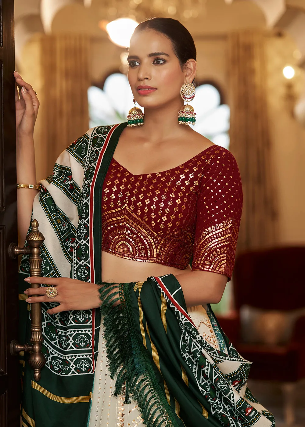 Enchanting Sequins White & Maroon Wedding Lehenga Choli