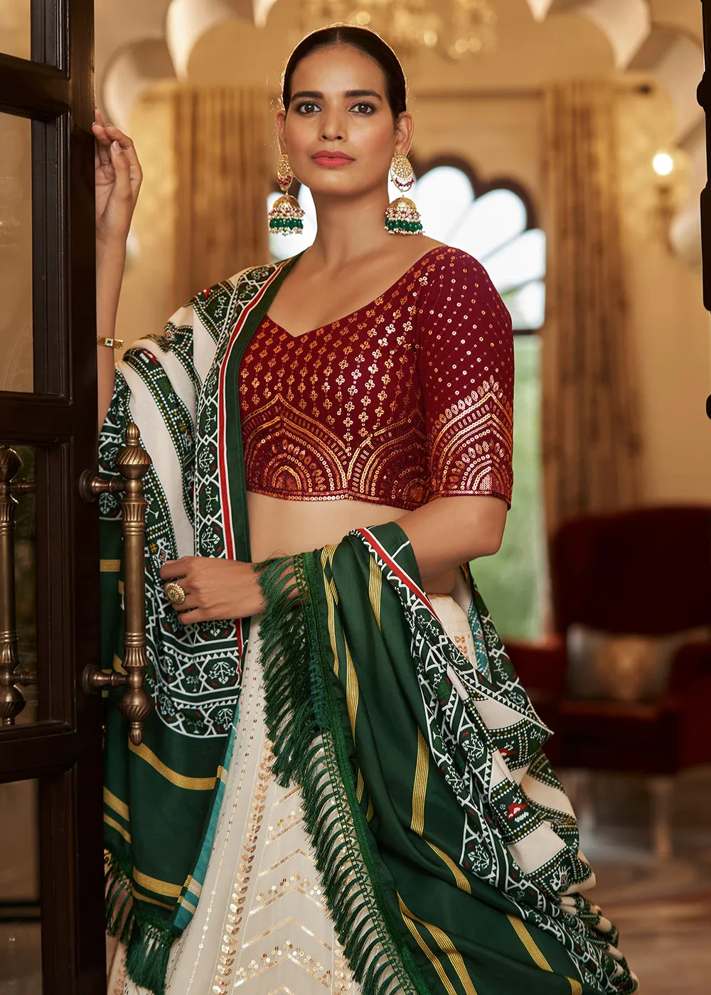Enchanting Sequins White & Maroon Wedding Lehenga Choli