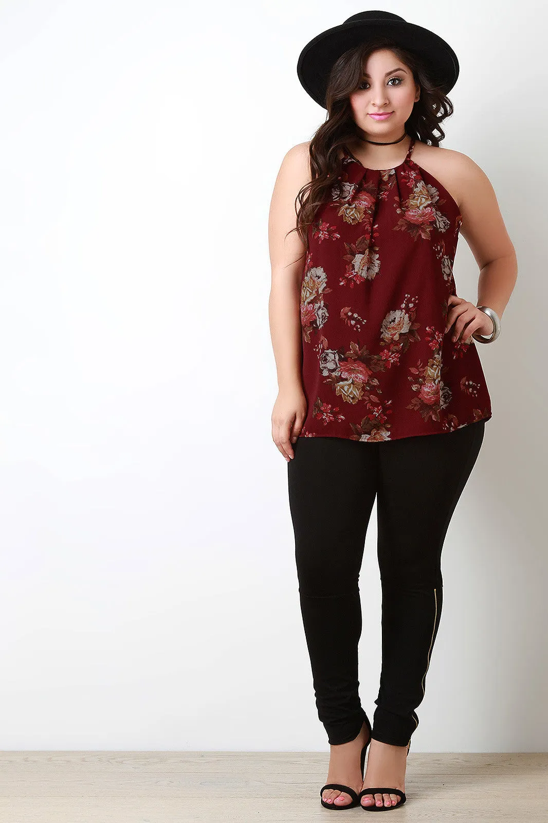 Floral Print Pleated Neckline Chiffon Top