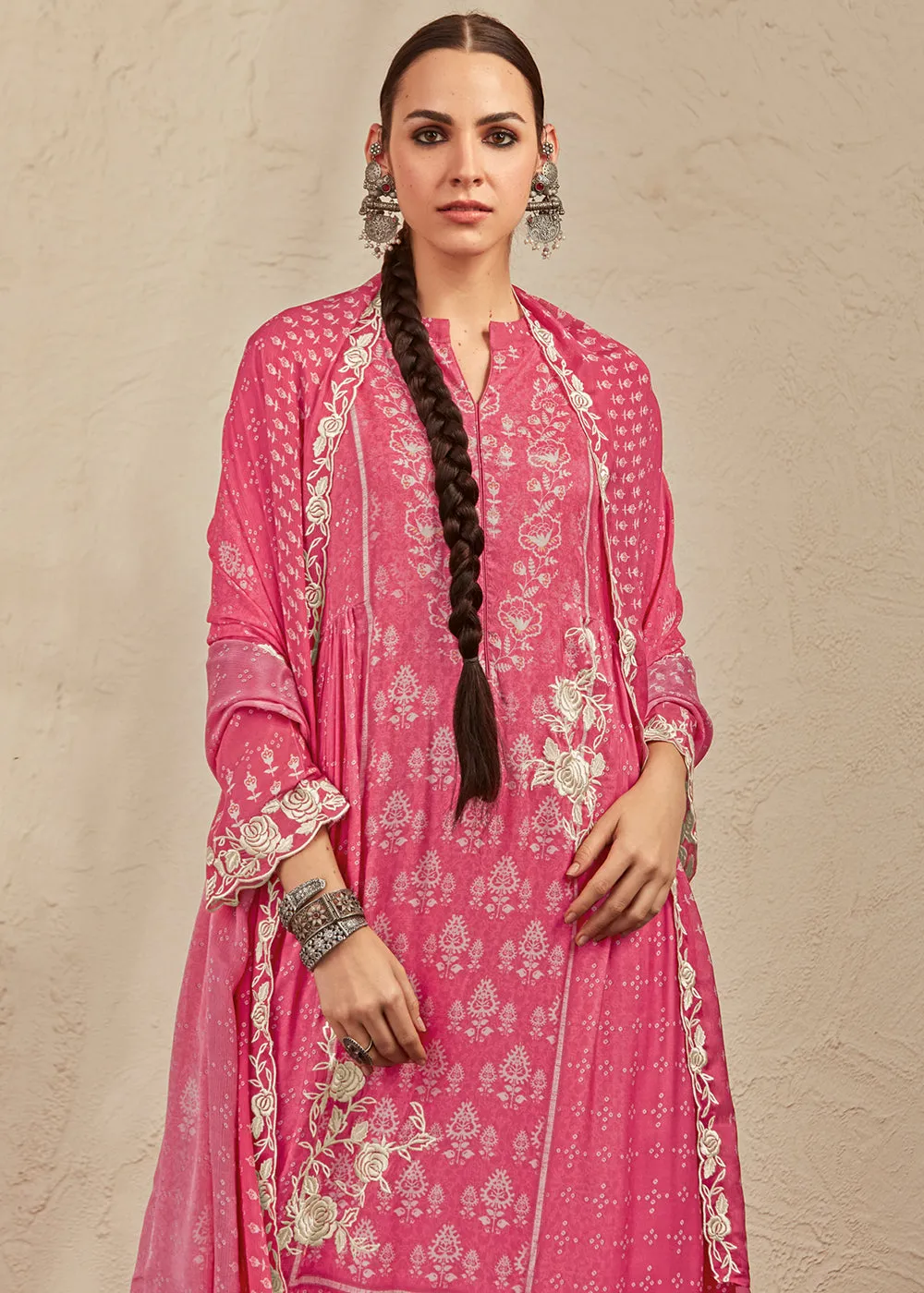 French Rose Pink Digital Printed Cotton Silk Suit With Parsi Embroidery work