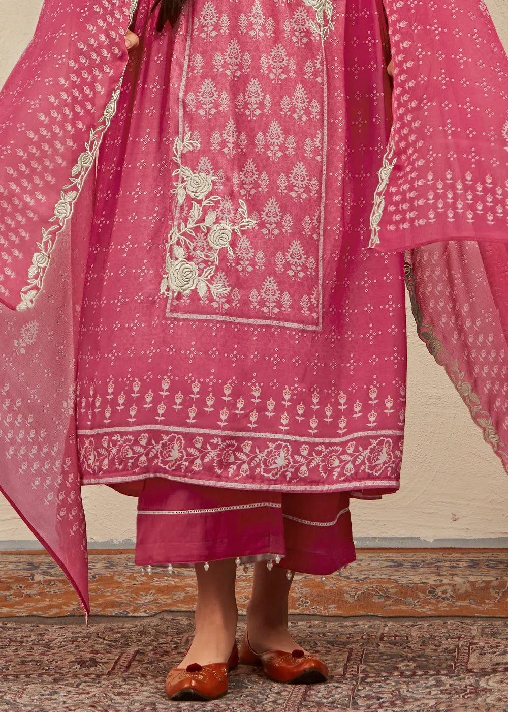 French Rose Pink Digital Printed Cotton Silk Suit With Parsi Embroidery work
