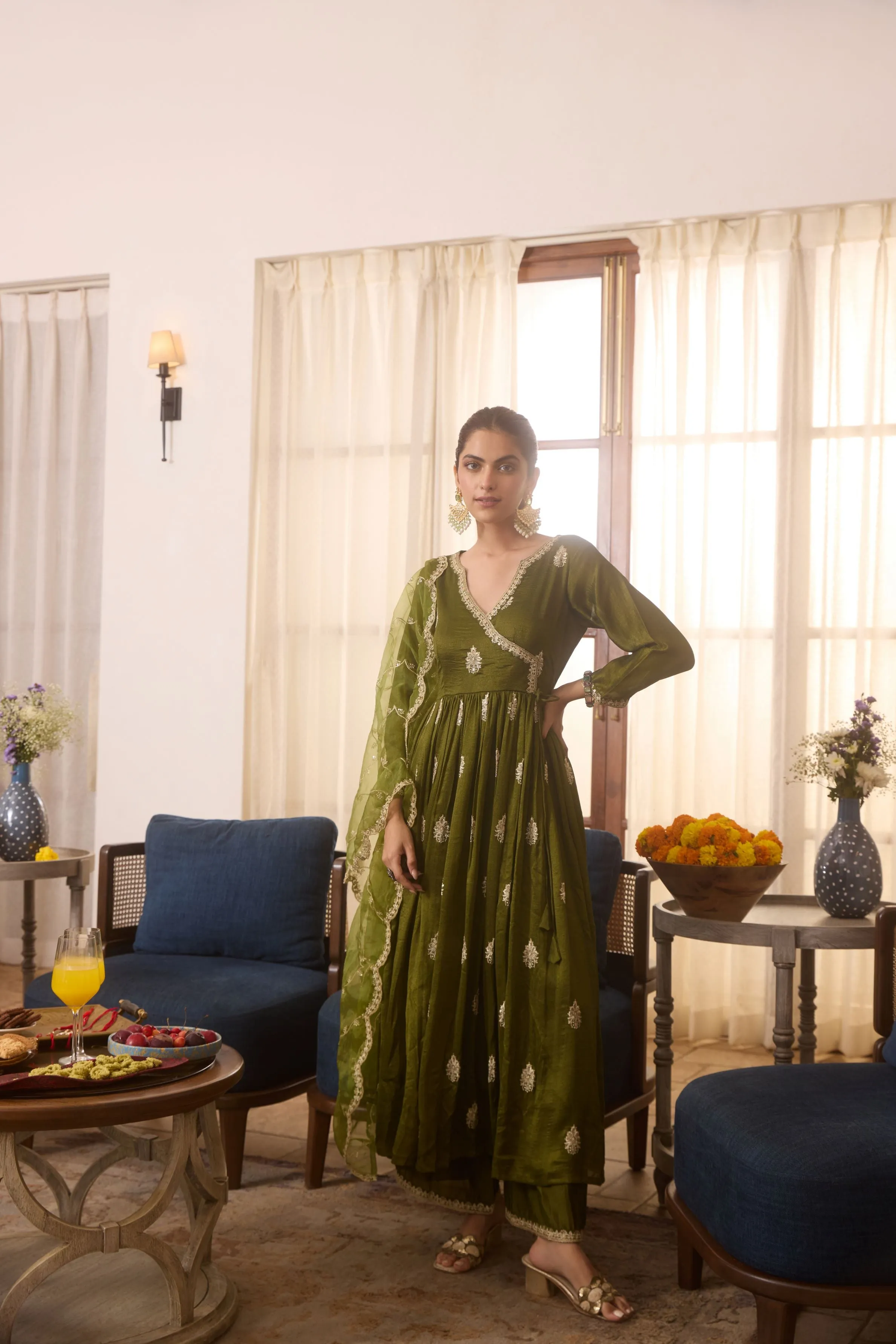 Green Embroidered Italian Silk Angrakha Suit Set