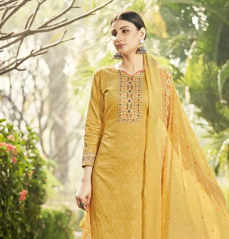 Pure Cotton Unstitched Yellow Salwar Suits Material With Chiffon Dupatta