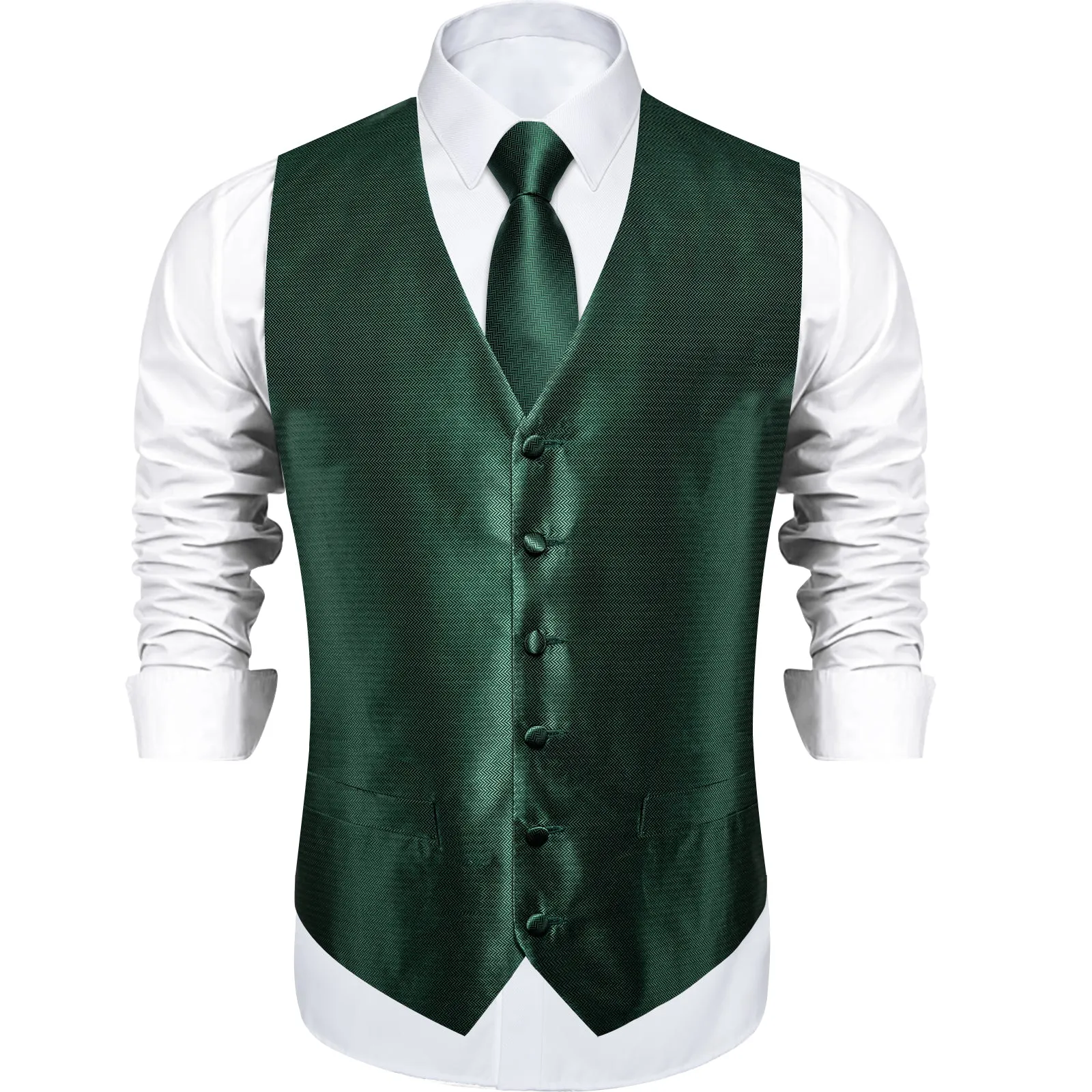 Shining Green Solid Jacquard Silk Men's Vest Hanky Cufflinks Tie Set