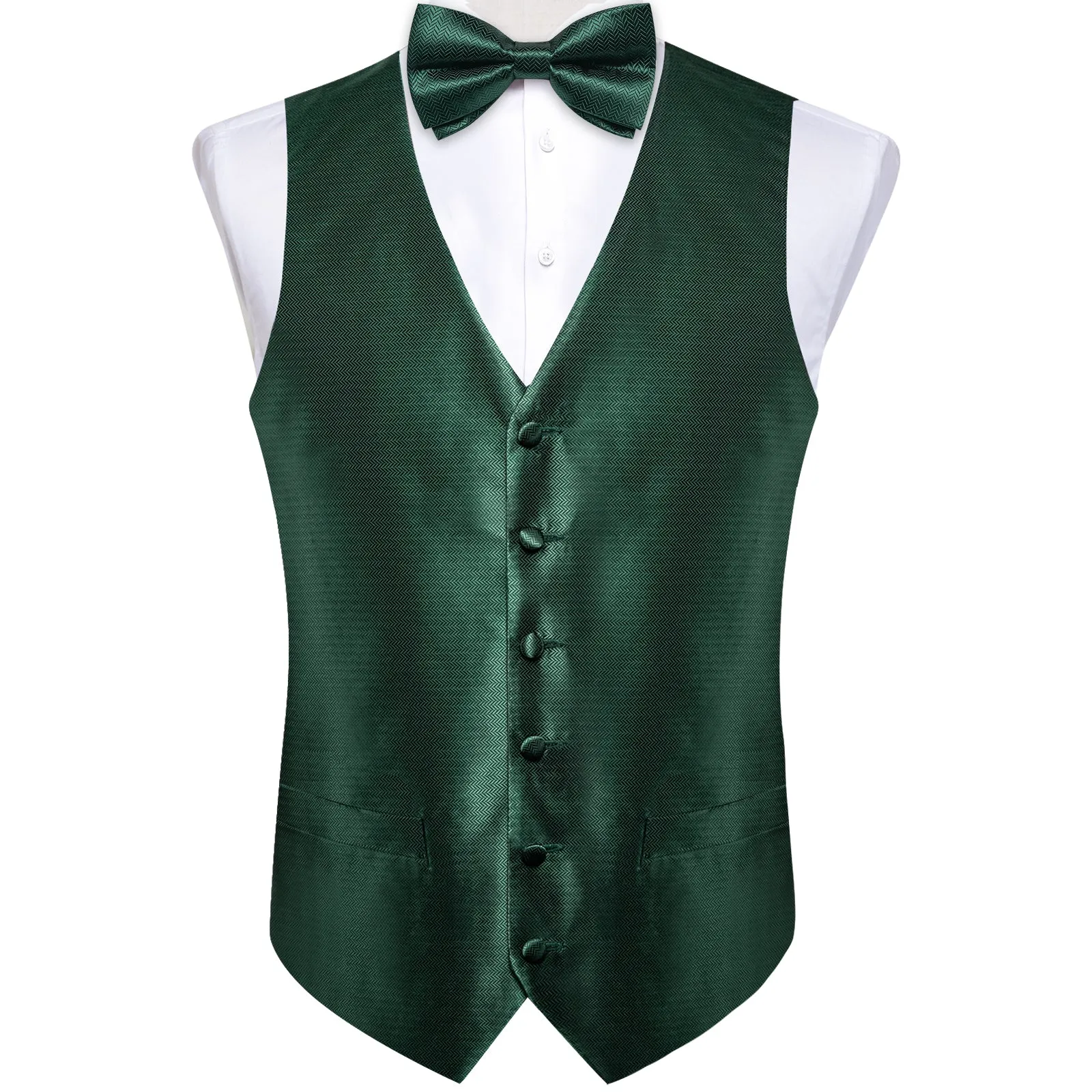 Shining Green Solid Jacquard Silk Men's Vest Hanky Cufflinks Tie Set
