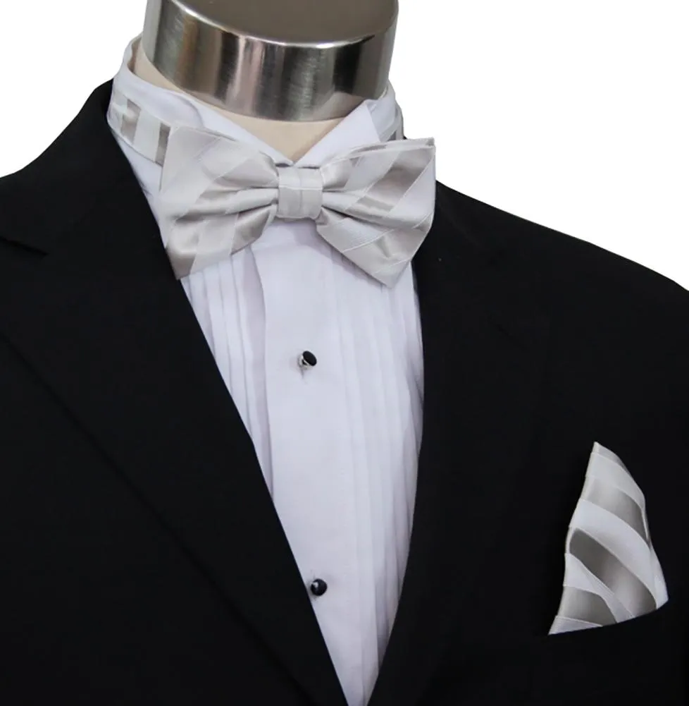 Silver and White Striped Silk Bow Tie