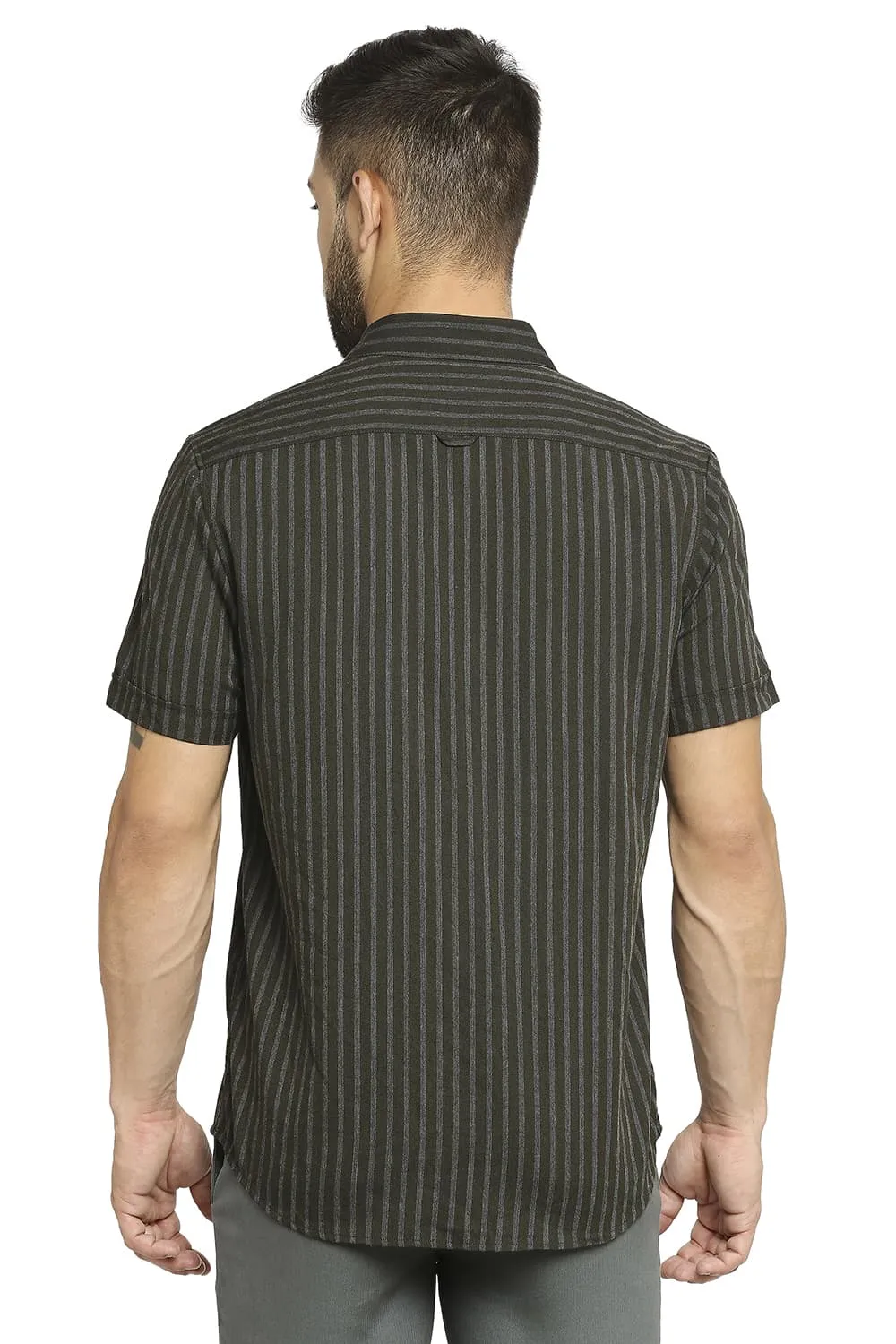 Slim Fit Polyester Viscose Stripe Halfsleeves Shirt