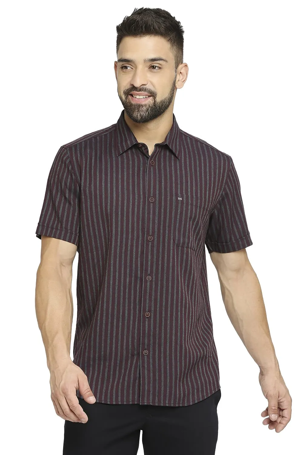 Slim Fit Polyester Viscose Stripe Halfsleeves Shirt